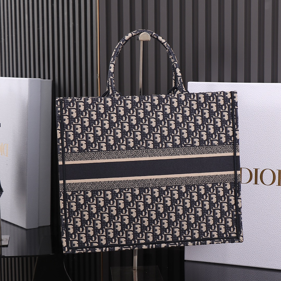 Large Dior Book Tote Ecru and Blue Dior Oblique Embroidery 16.5 x 14 x 7.5 inches