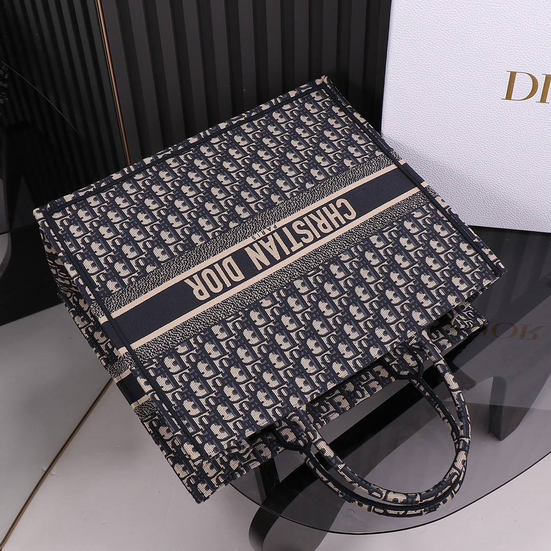 Large Dior Book Tote Ecru and Blue Dior Oblique Embroidery 16.5 x 14 x 7.5 inches