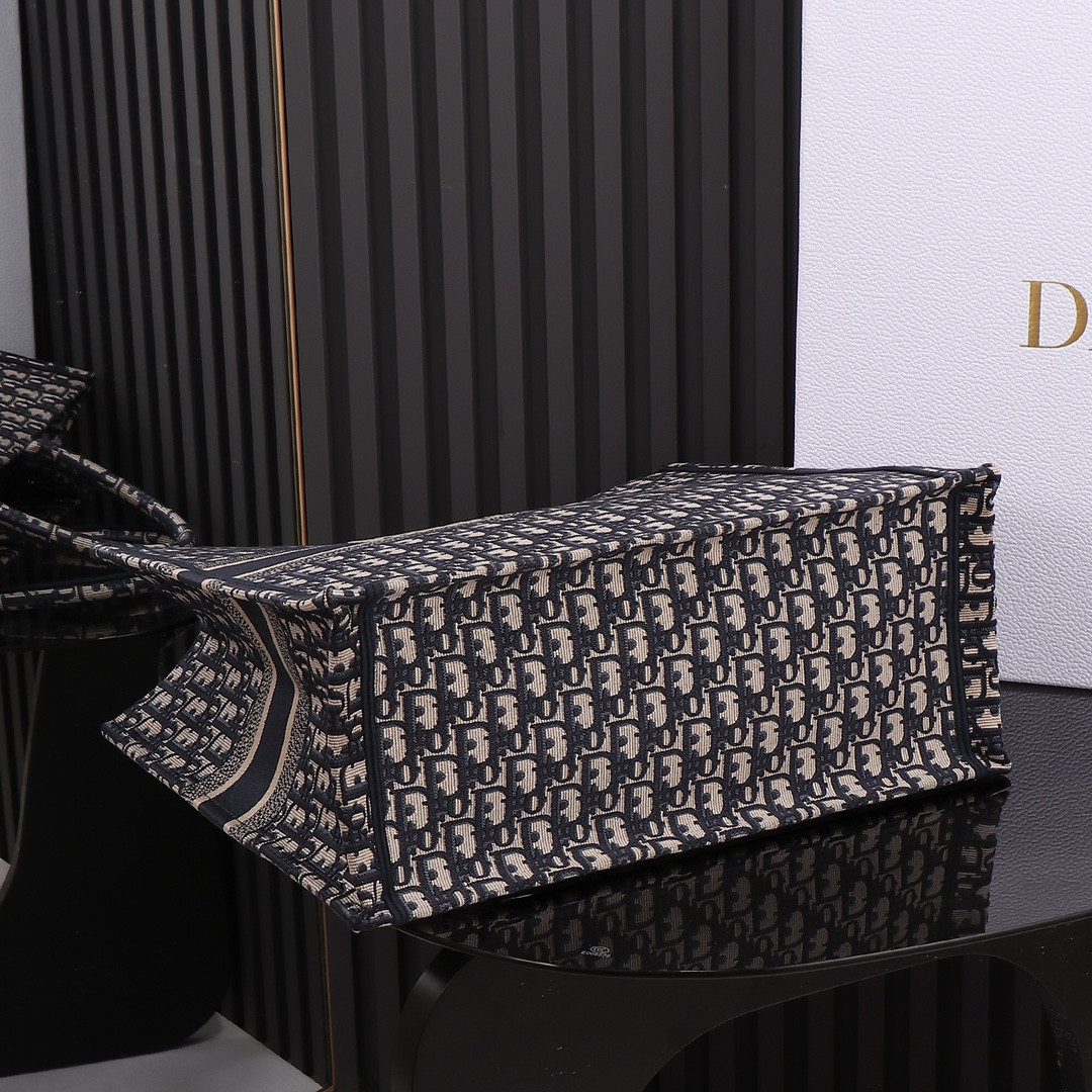 Large Dior Book Tote Ecru and Blue Dior Oblique Embroidery 16.5 x 14 x 7.5 inches