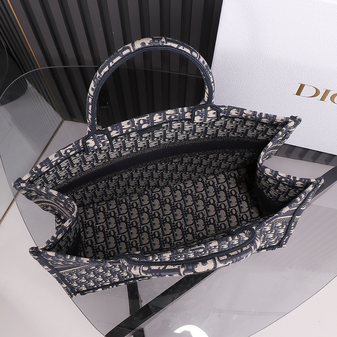Large Dior Book Tote Ecru and Blue Dior Oblique Embroidery 16.5 x 14 x 7.5 inches