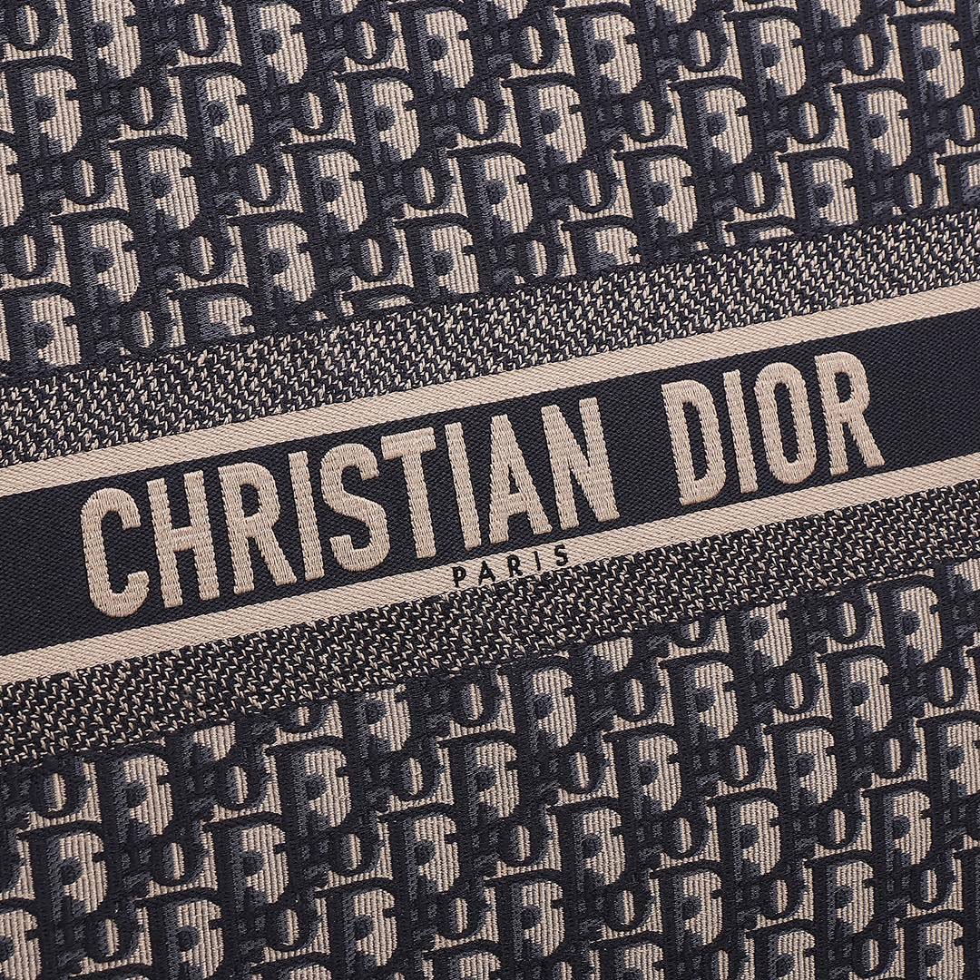 Large Dior Book Tote Ecru and Blue Dior Oblique Embroidery 16.5 x 14 x 7.5 inches