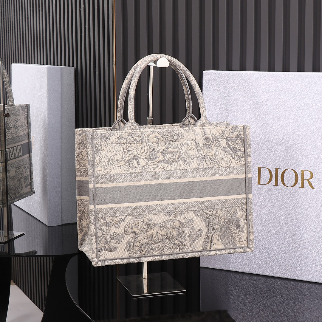 Medium Dior Book Tote Ecru and Gray Toile de Jouy Embroidery 14 x 11 x 6.5 inches