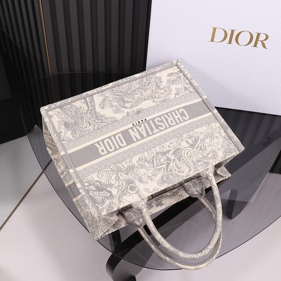 Medium Dior Book Tote Ecru and Gray Toile de Jouy Embroidery 14 x 11 x 6.5 inches