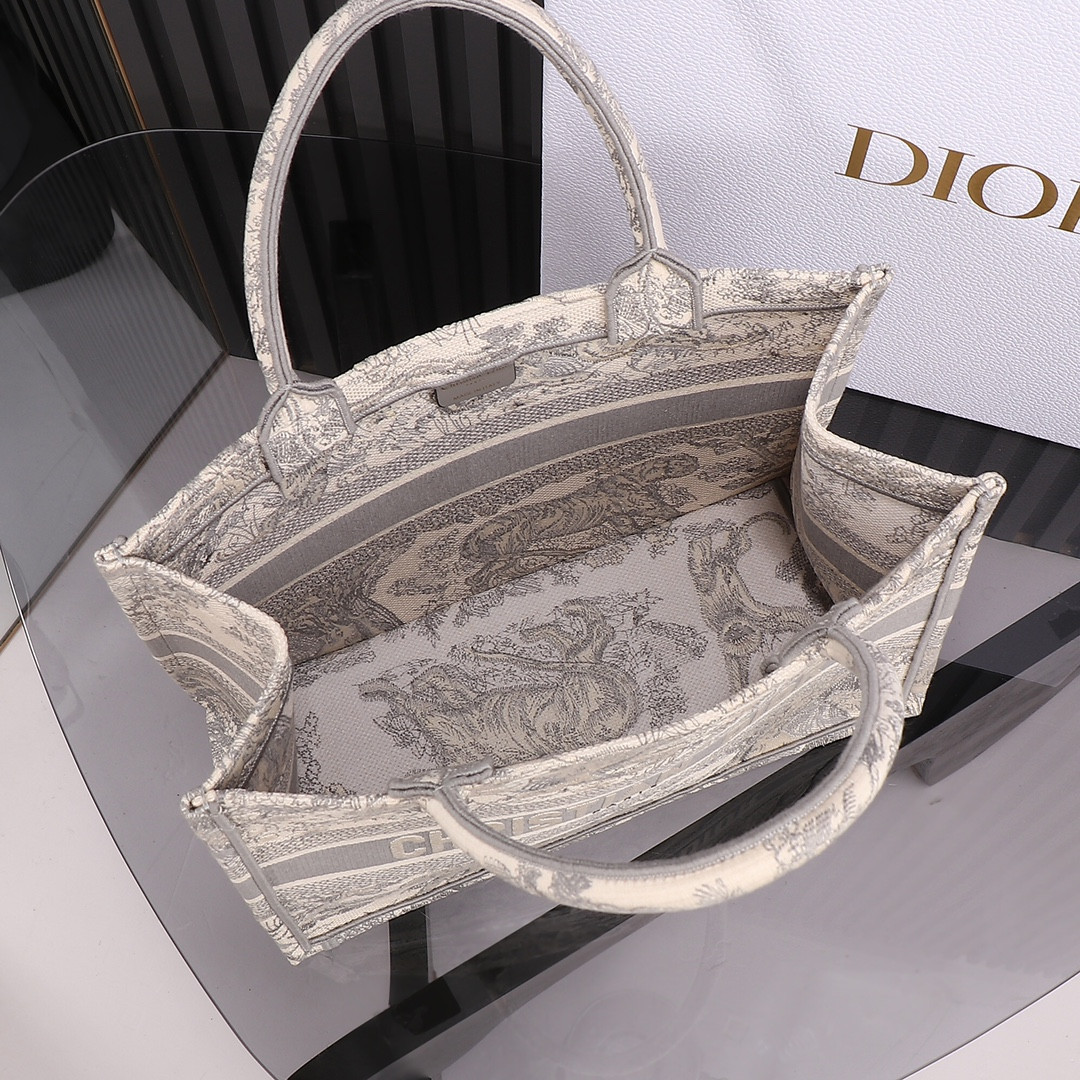 Medium Dior Book Tote Ecru and Gray Toile de Jouy Embroidery 14 x 11 x 6.5 inches