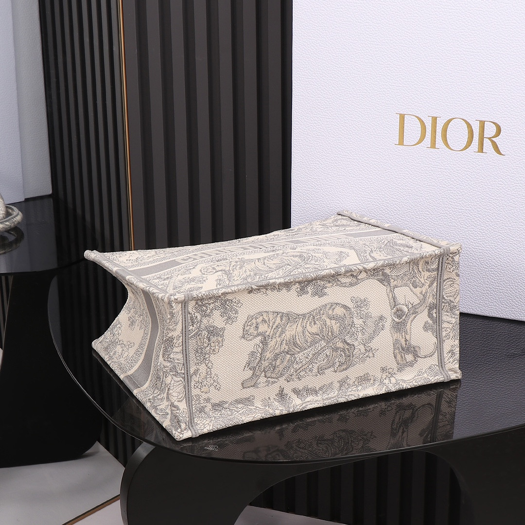 Medium Dior Book Tote Ecru and Gray Toile de Jouy Embroidery 14 x 11 x 6.5 inches