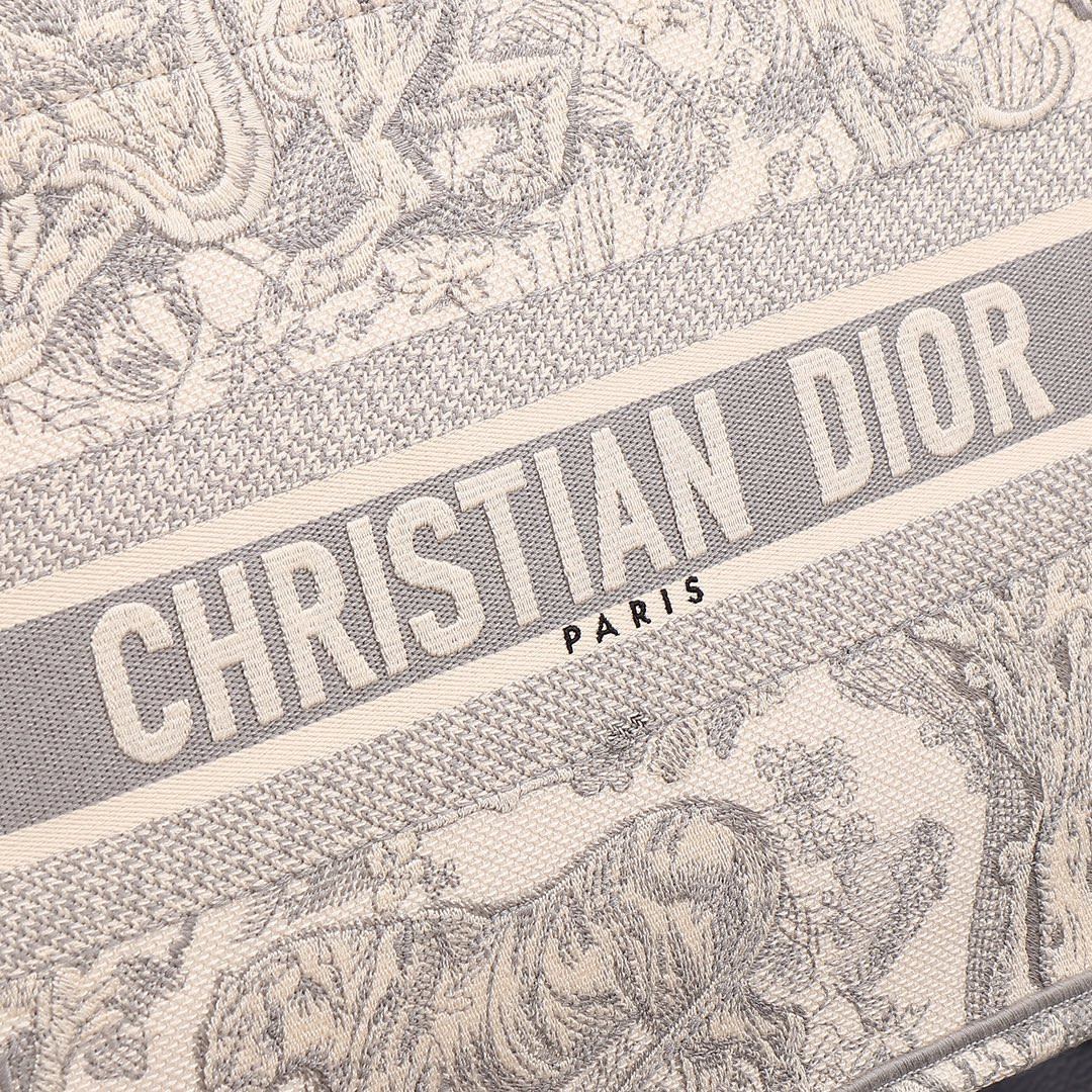 Medium Dior Book Tote Ecru and Gray Toile de Jouy Embroidery 14 x 11 x 6.5 inches