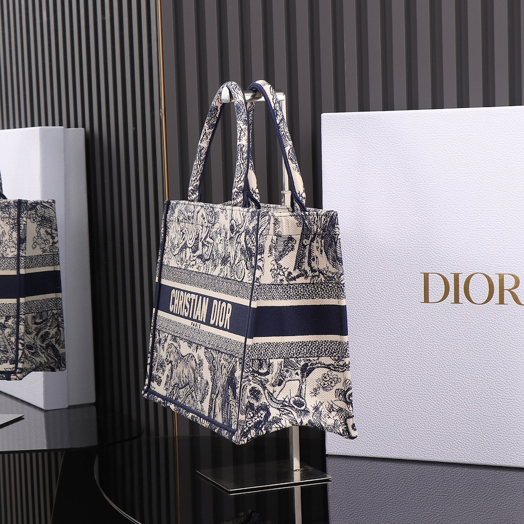 Medium Dior Book Tote Ecru and Blue Toile de Jouy Embroidery 14 x 11 x 6.5 inches