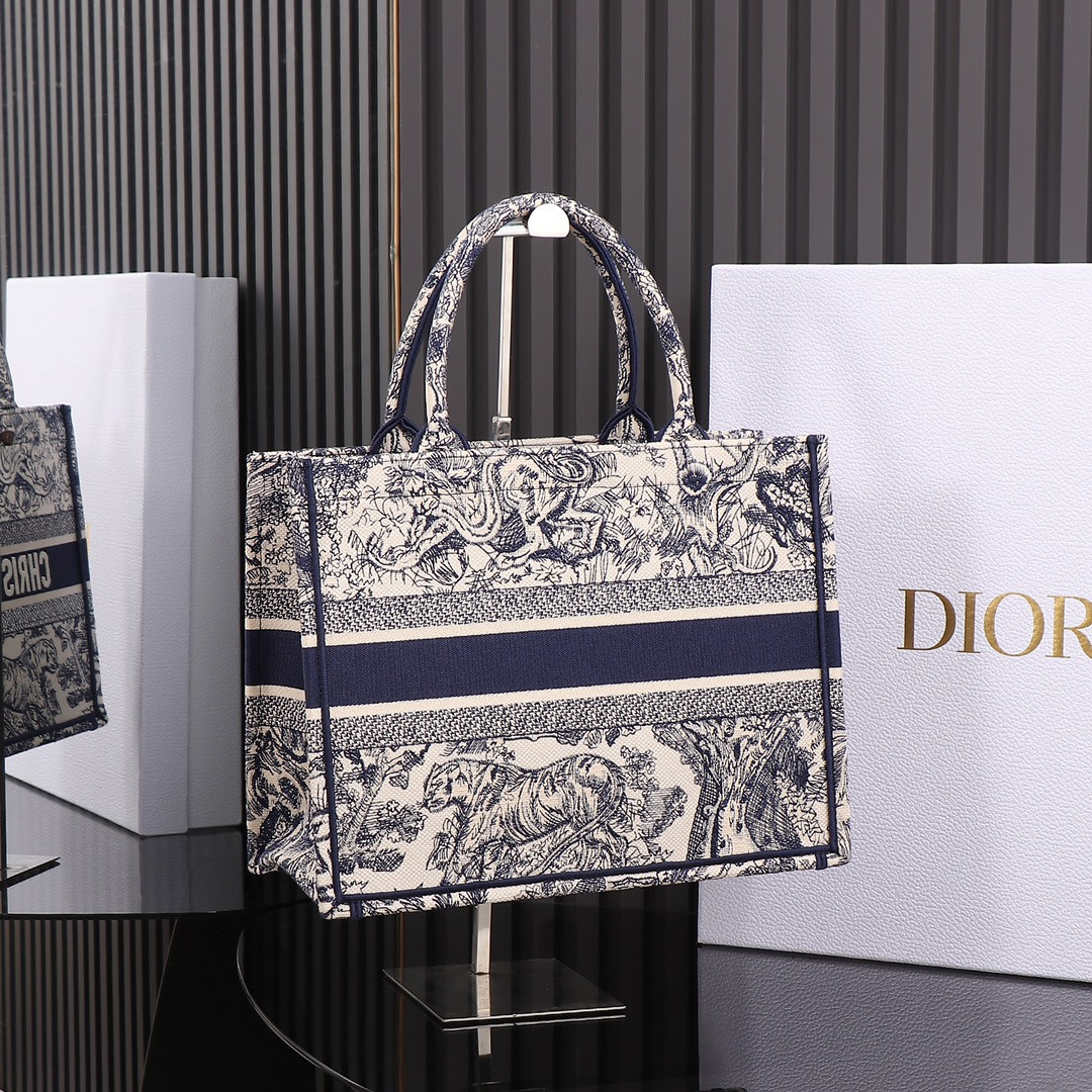 Medium Dior Book Tote Ecru and Blue Toile de Jouy Embroidery 14 x 11 x 6.5 inches
