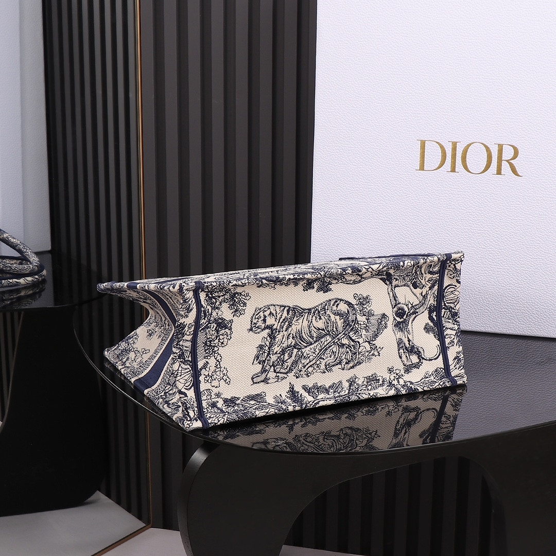 Medium Dior Book Tote Ecru and Blue Toile de Jouy Embroidery 14 x 11 x 6.5 inches