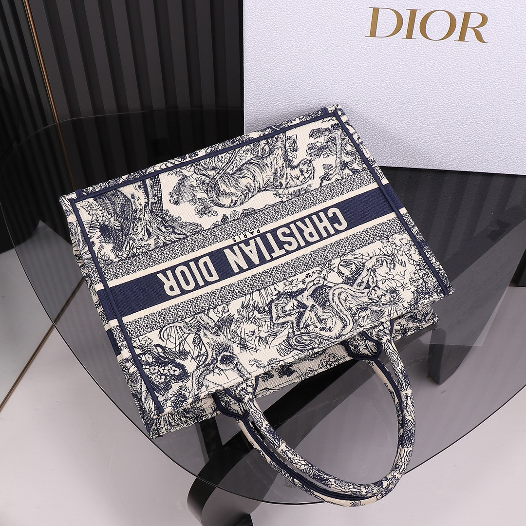 Medium Dior Book Tote Ecru and Blue Toile de Jouy Embroidery 14 x 11 x 6.5 inches