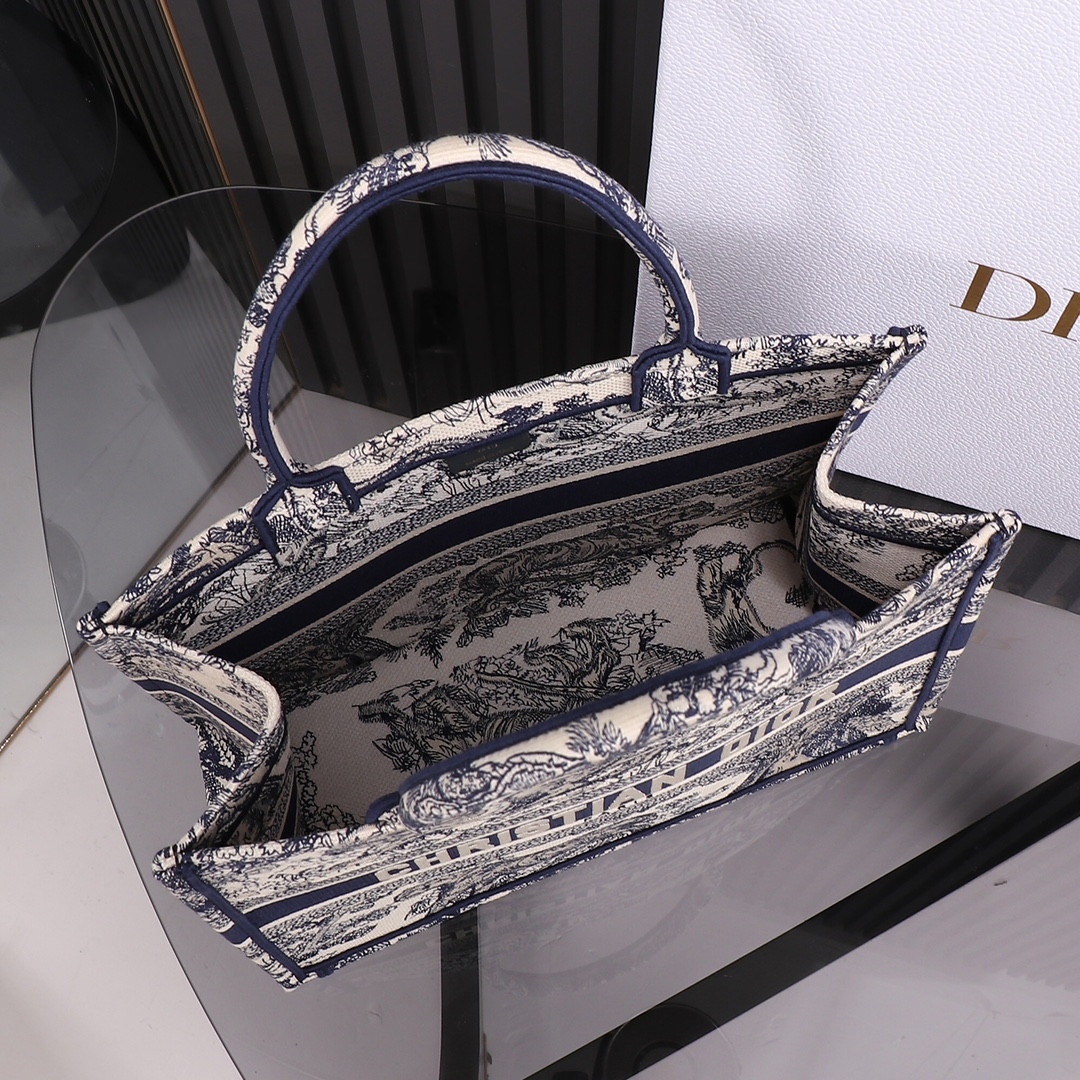 Medium Dior Book Tote Ecru and Blue Toile de Jouy Embroidery 14 x 11 x 6.5 inches