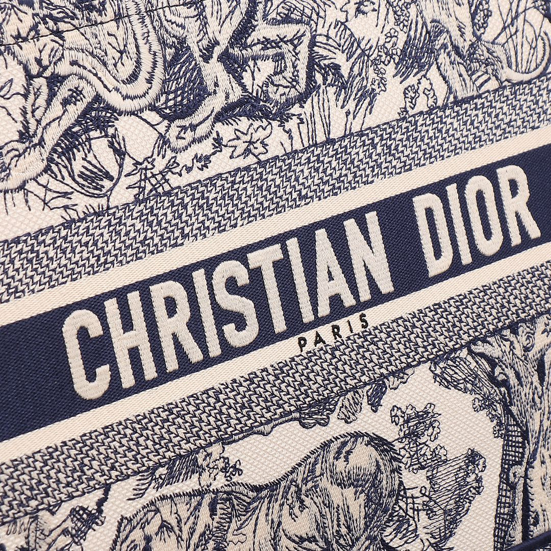 Medium Dior Book Tote Ecru and Blue Toile de Jouy Embroidery 14 x 11 x 6.5 inches