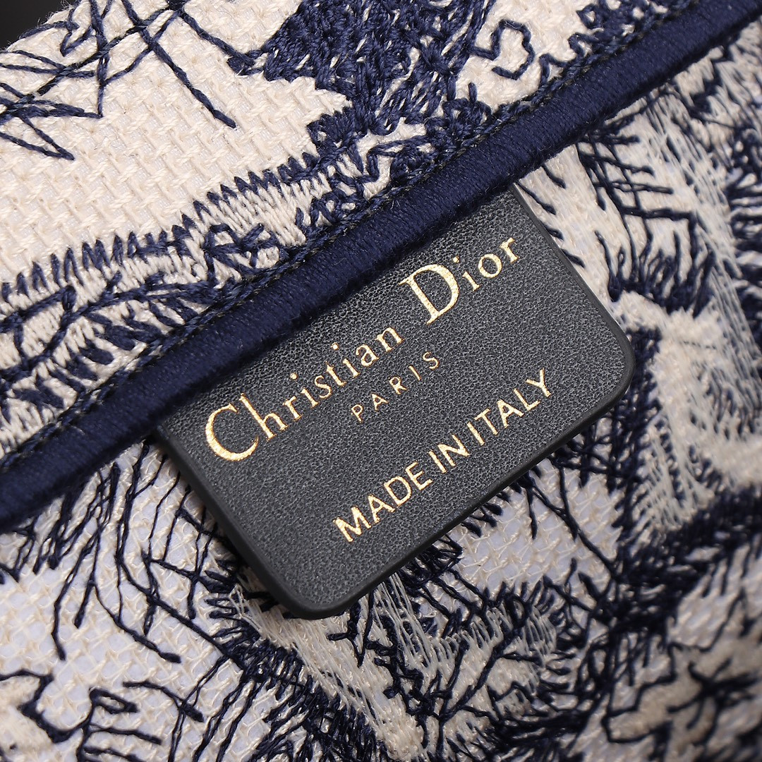 Medium Dior Book Tote Ecru and Blue Toile de Jouy Embroidery 14 x 11 x 6.5 inches