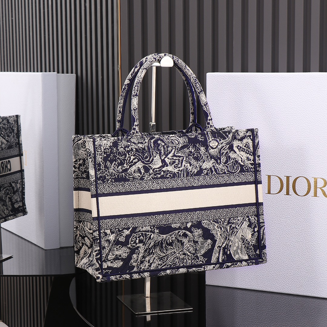 Medium Dior Book Tote Blue and Ecru Toile de Jouy Reverse Embroidery 14 x 11 x 6.5 inches