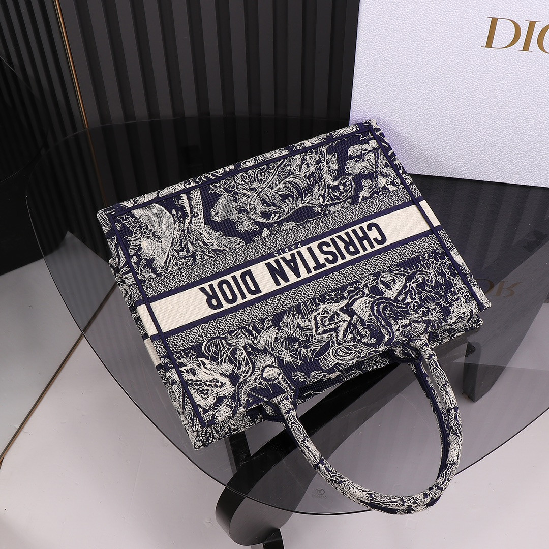 Medium Dior Book Tote Blue and Ecru Toile de Jouy Reverse Embroidery 14 x 11 x 6.5 inches