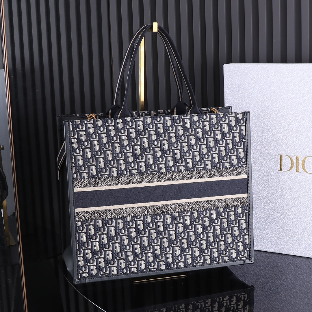 Large DIOR BOOK TOTE Blue Dior Oblique Embroidery and Calfskin 16.5 x 14 x 7.5 inches