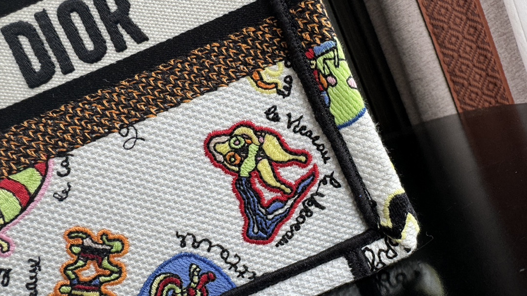 Small DIOR BOOK TOTE WHITE MULTICOLOR DRAGON ZODIAC EMBROIDERY 10.5 x 8.5 x 5.5 inches