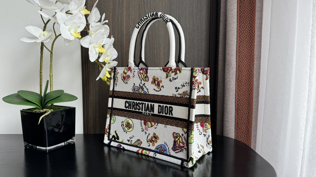 Small DIOR BOOK TOTE WHITE MULTICOLOR DRAGON ZODIAC EMBROIDERY 10.5 x 8.5 x 5.5 inches