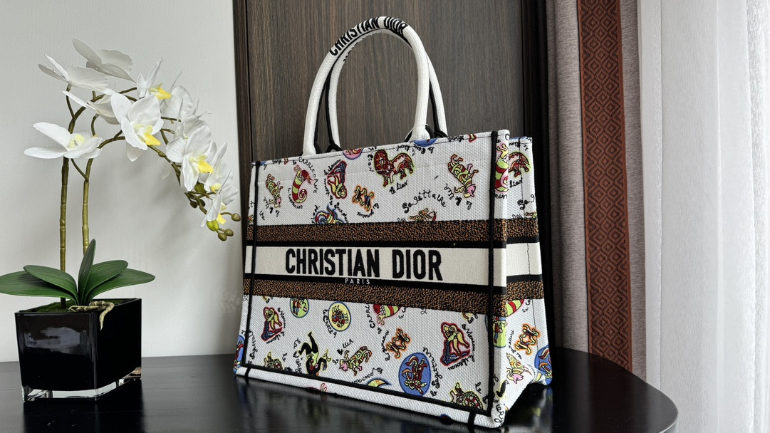MEDIUM DIOR BOOK TOTE White Multicolor Dragon Zodiac Embroidery 14 x 11 x 6.5 inches