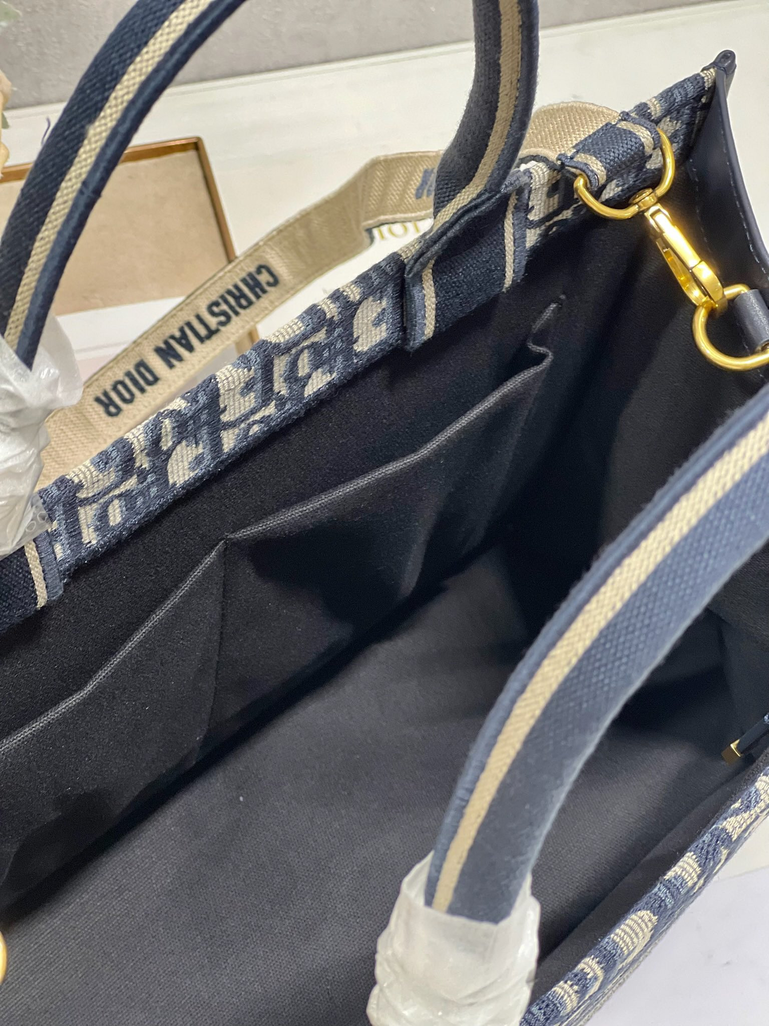 Medium Dior Book Tote Ecru and Blue Dior Oblique Embroidery 14 x 11 x 6.5 inches