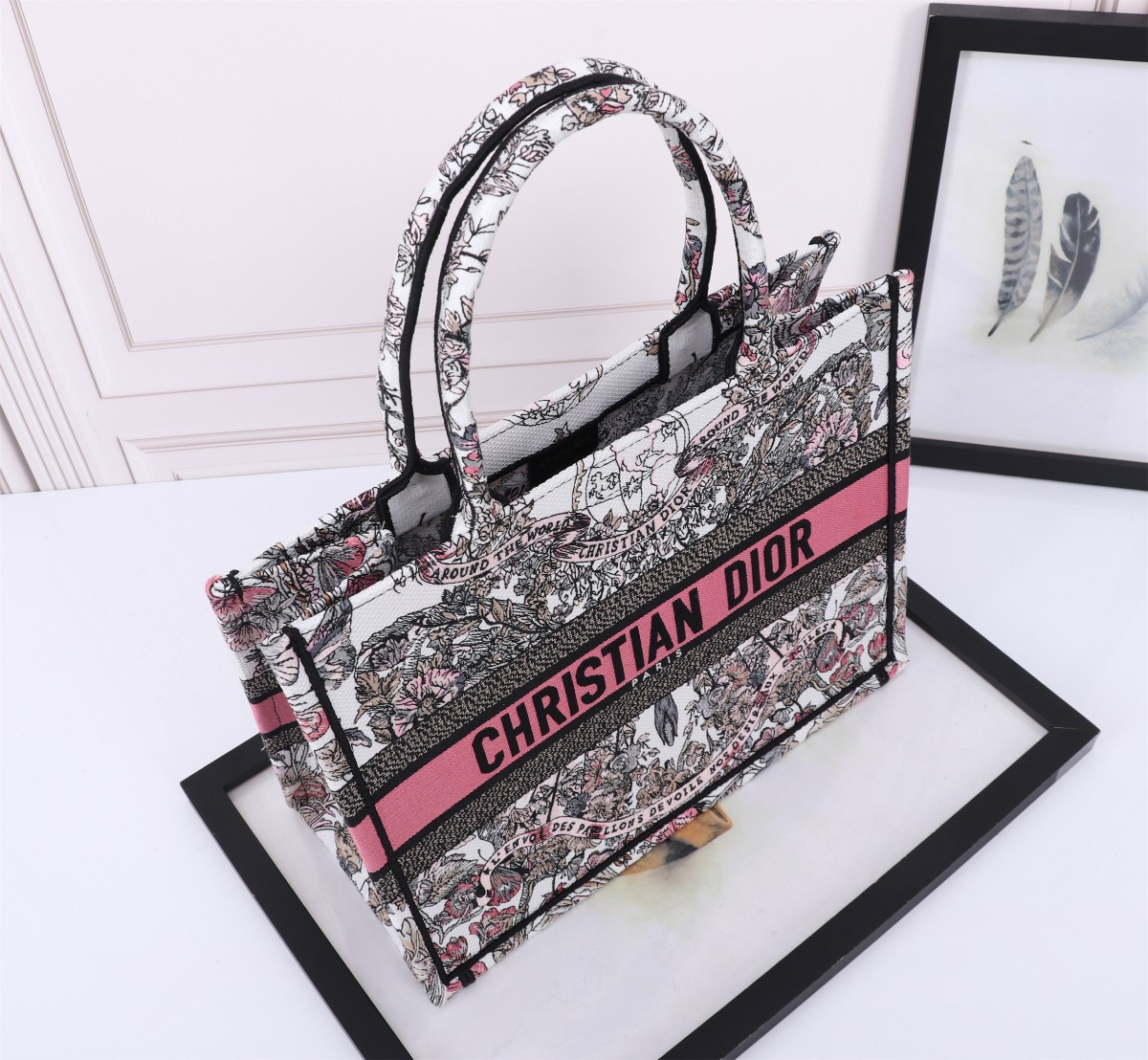 Medium Dior Book Tote White and Pastel Pink Butterfly Around The World Embroidery 14 x 11 x 6.5 inches