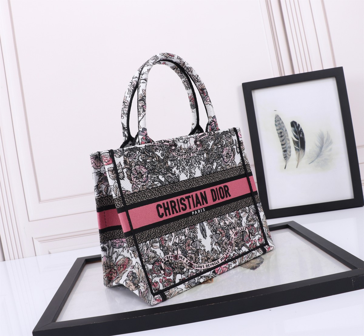 Small DIOR BOOK TOTE WHITE AND PASTEL PINK BUTTERFLY AROUND THE WORLD EMBROIDERY 10.5 x 8.5 x 5.5 inches