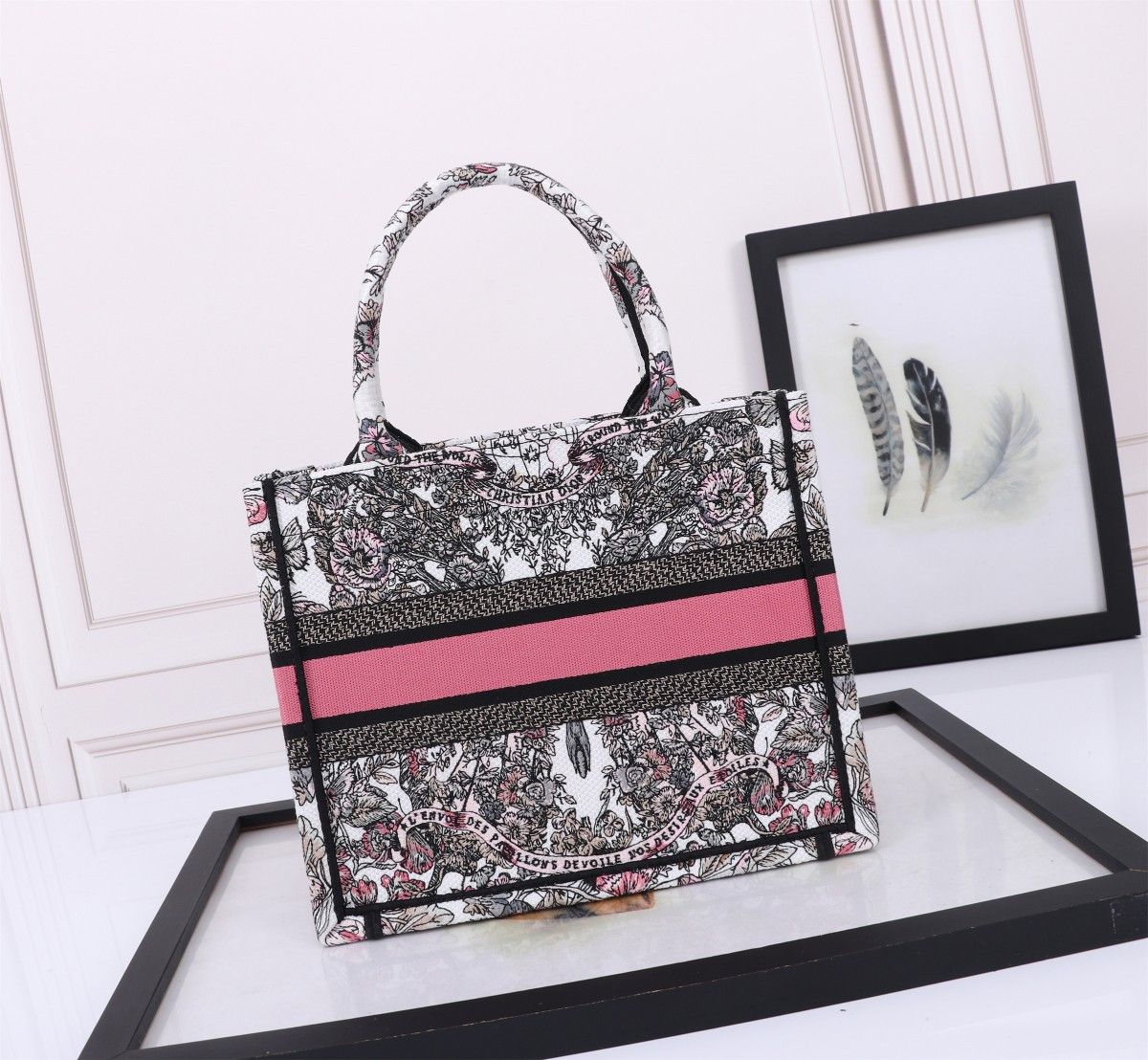 Small DIOR BOOK TOTE WHITE AND PASTEL PINK BUTTERFLY AROUND THE WORLD EMBROIDERY 10.5 x 8.5 x 5.5 inches