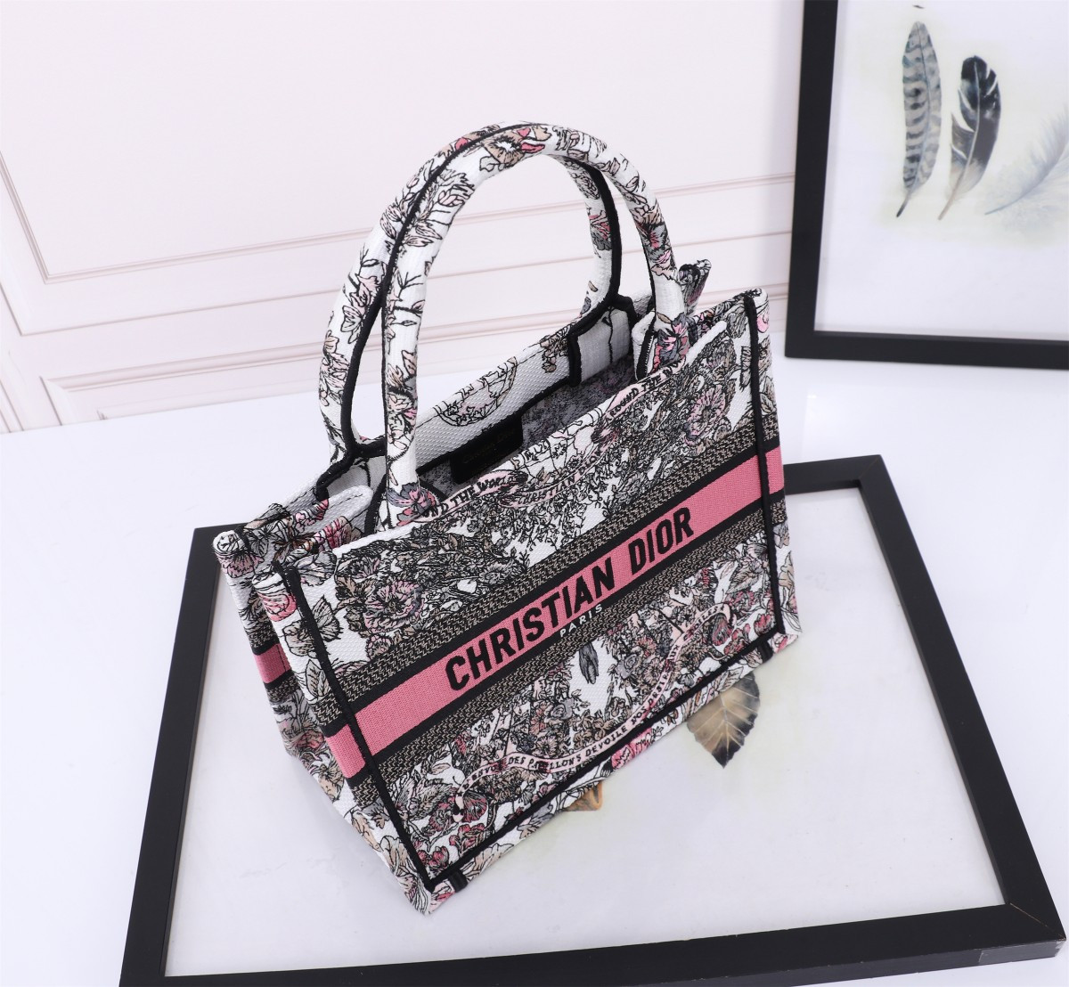 Small DIOR BOOK TOTE WHITE AND PASTEL PINK BUTTERFLY AROUND THE WORLD EMBROIDERY 10.5 x 8.5 x 5.5 inches