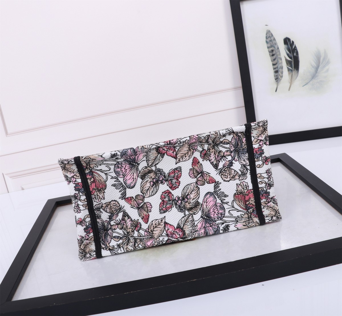Small DIOR BOOK TOTE WHITE AND PASTEL PINK BUTTERFLY AROUND THE WORLD EMBROIDERY 10.5 x 8.5 x 5.5 inches