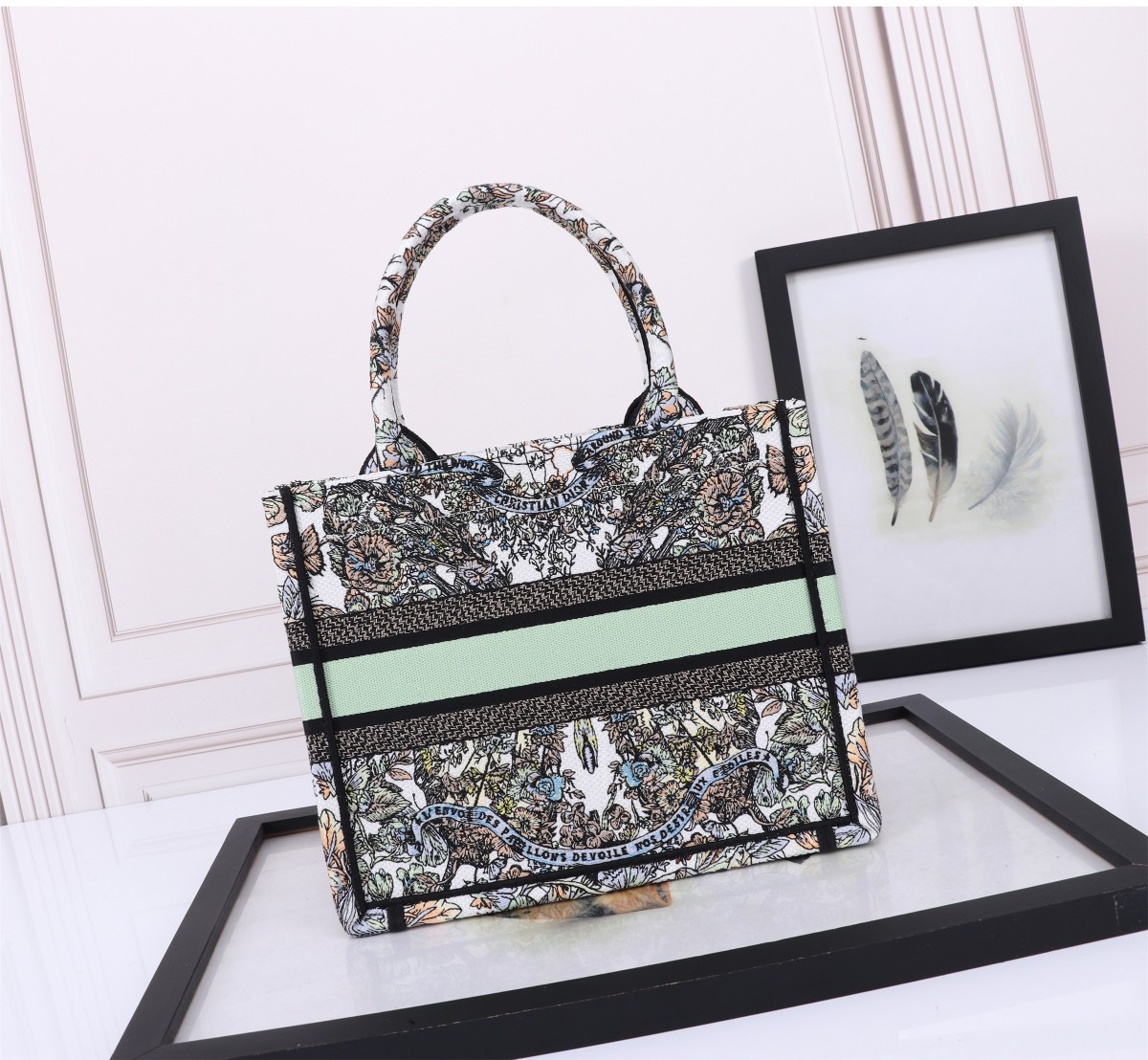 Small DIOR BOOK TOTE WHITE MULTICOLOR TOILE DE JOUY MEXICO EMBROIDERY 10.5 x 8.5 x 5.5 inches