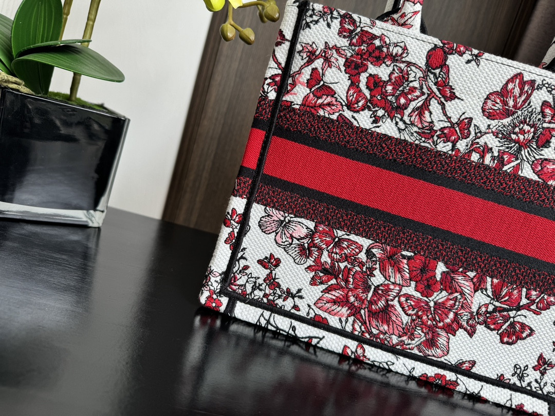 Small DIOR BOOK TOTE WHITE AND RED LE CŒUR DES PAPILLONS EMBROIDERY 10.5 x 8.5 x 5.5 inches