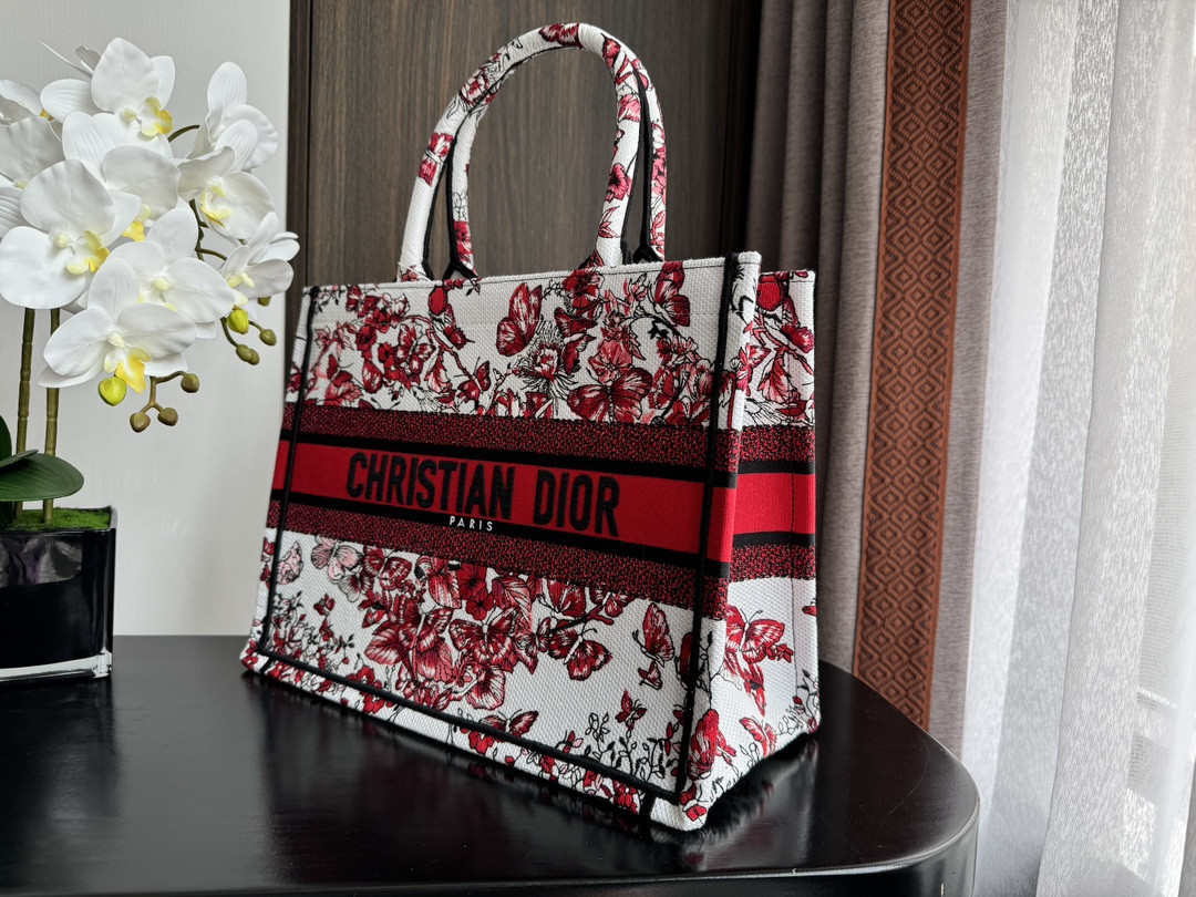 Medium Dior Book Tote White and Red Le Cœur des Papillons Embroidery 14 x 11 x 6.5 inches