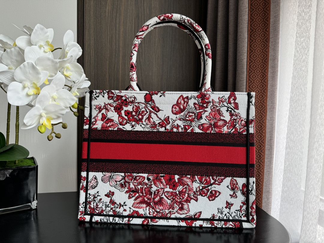 Medium Dior Book Tote White and Red Le Cœur des Papillons Embroidery 14 x 11 x 6.5 inches