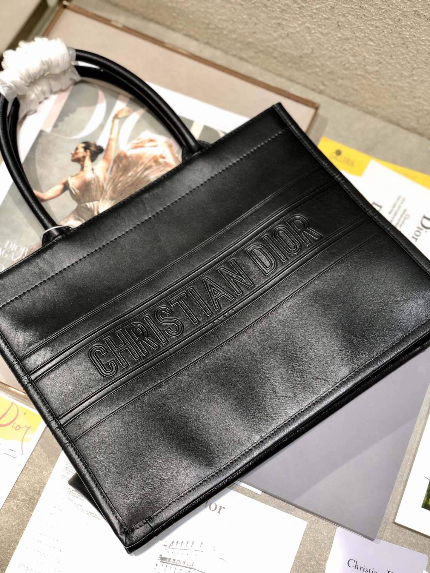 Calfskin Embossed Medium Dior Book Tote Black 14 x 11 x 6.5 inches