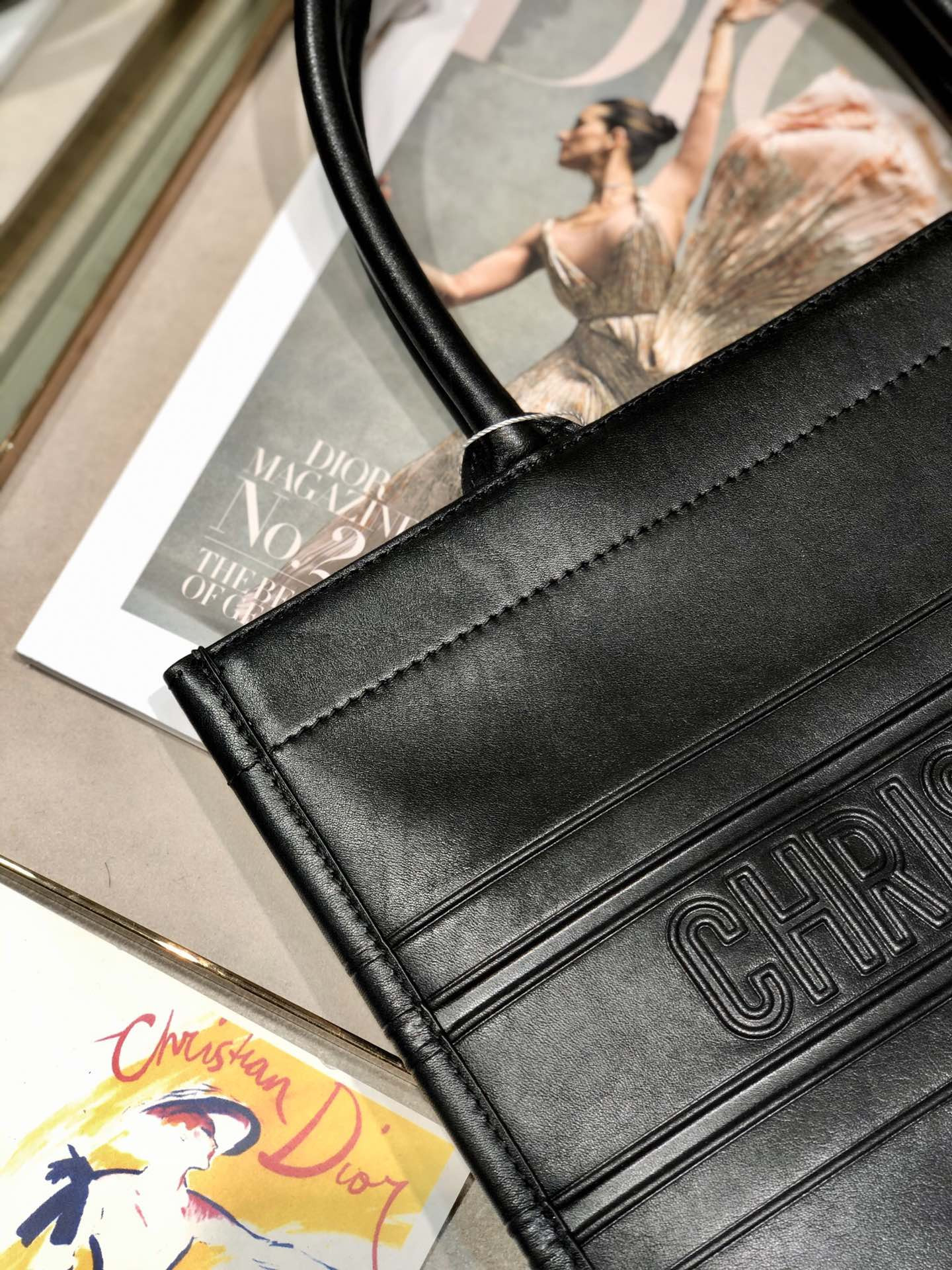 Calfskin Embossed Medium Dior Book Tote Black 14 x 11 x 6.5 inches