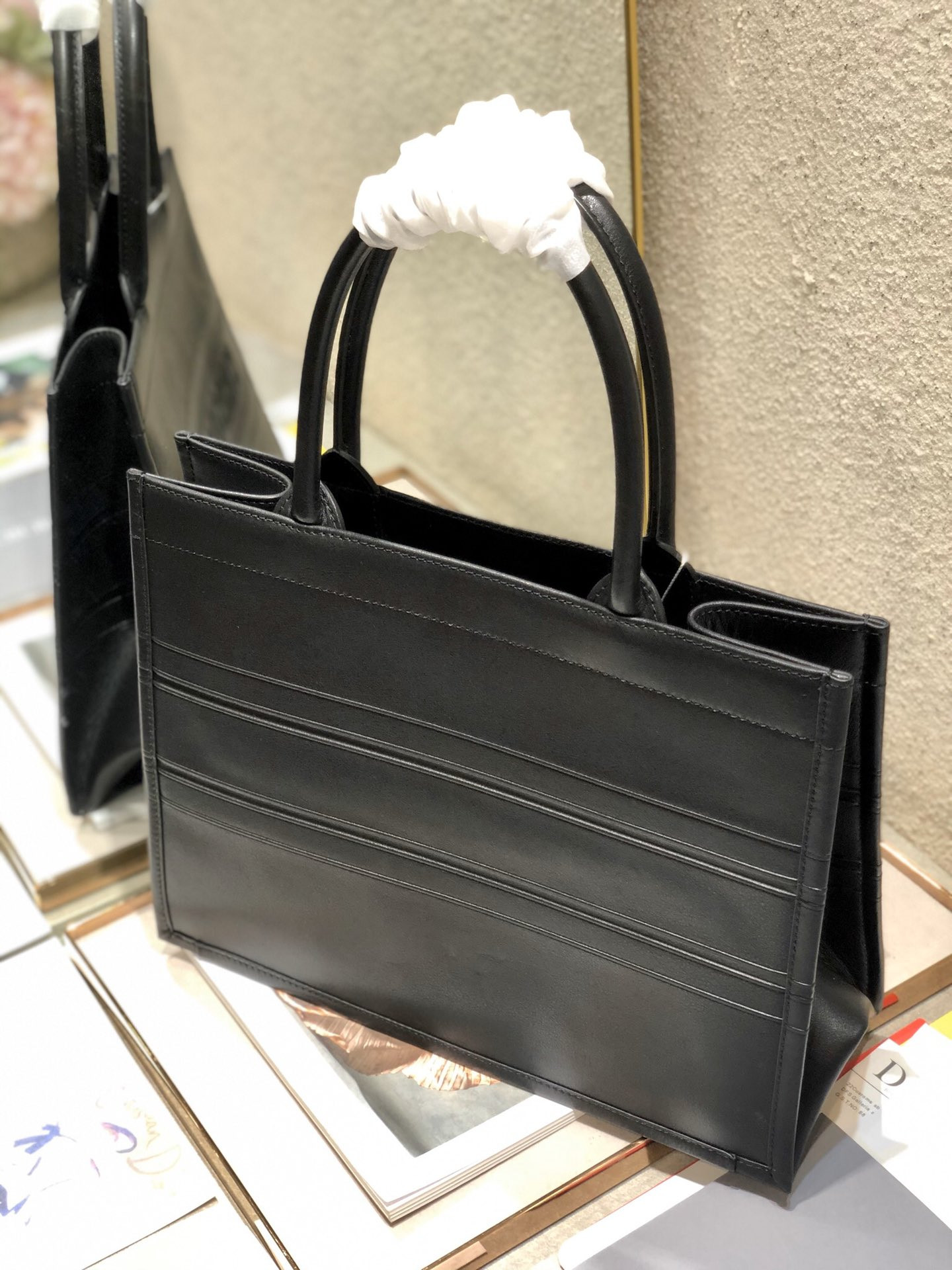 Calfskin Embossed Medium Dior Book Tote Black 14 x 11 x 6.5 inches