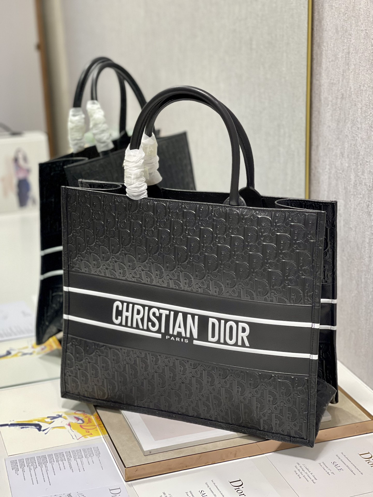 Large Dior Book Tote Black White Dior Oblique Embossed Calfskin 16.5 x 14 x 7.5 inches