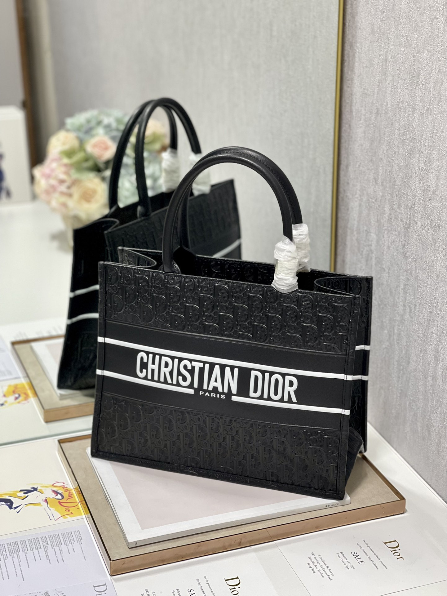 Calfskin Embossed Medium Dior Book Tote Black WHITE 14 x 11 x 6.5 inches