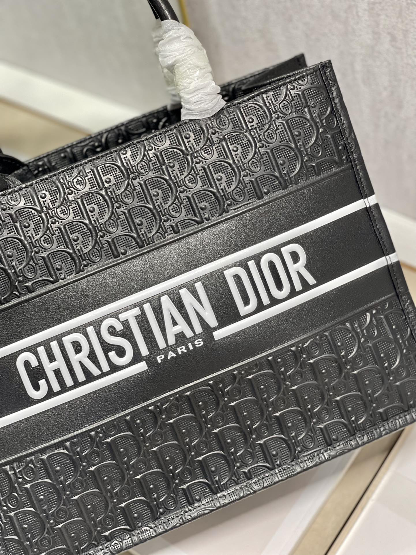 Calfskin Embossed Medium Dior Book Tote Black WHITE 14 x 11 x 6.5 inches