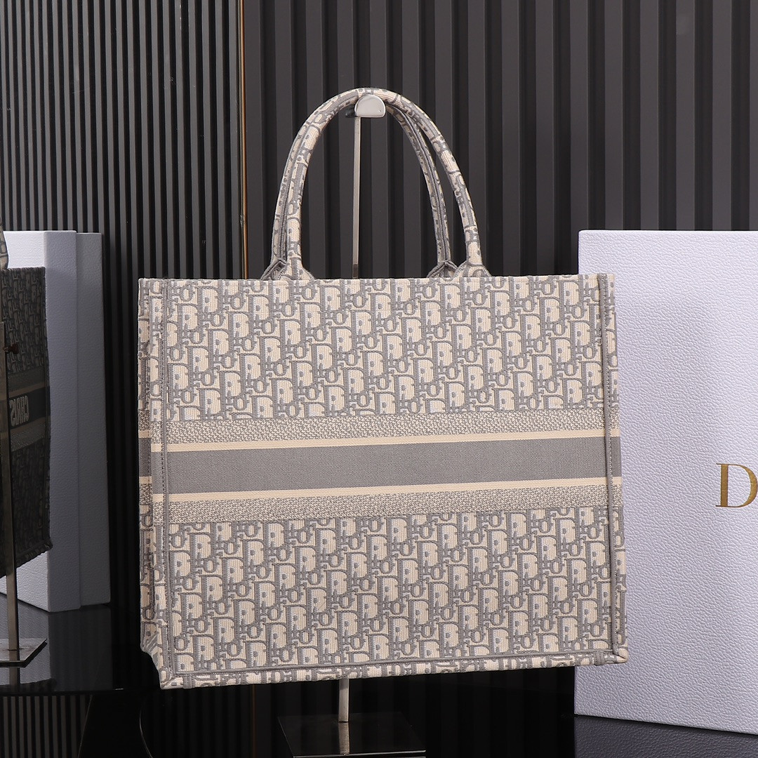Large Dior Book Tote Ecru and Gray Dior Oblique Embroidery 16.5 x 14 x 7.5 inches