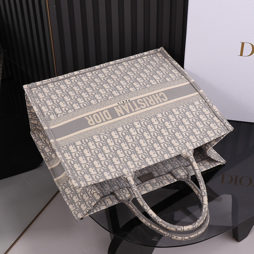 Large Dior Book Tote Ecru and Gray Dior Oblique Embroidery 16.5 x 14 x 7.5 inches