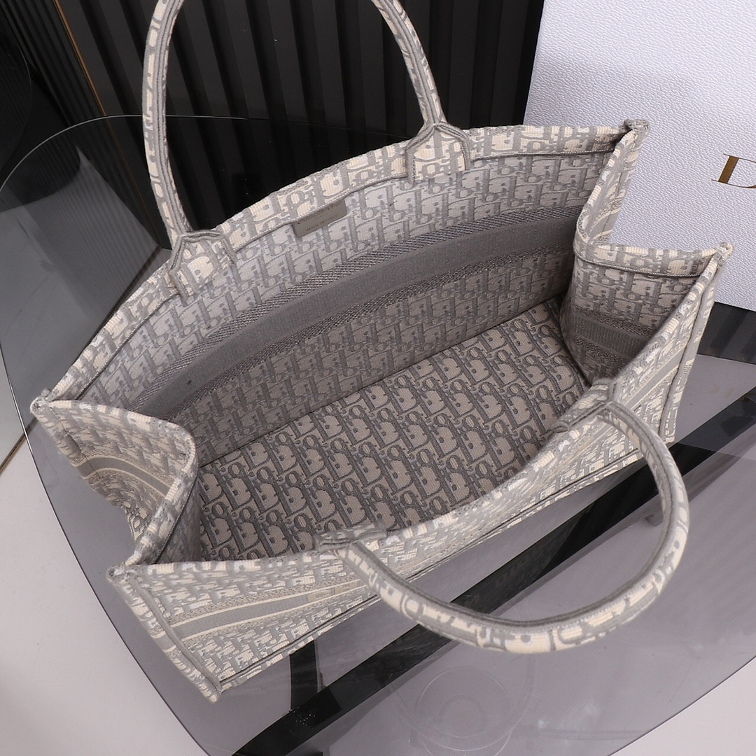 Large Dior Book Tote Ecru and Gray Dior Oblique Embroidery 16.5 x 14 x 7.5 inches