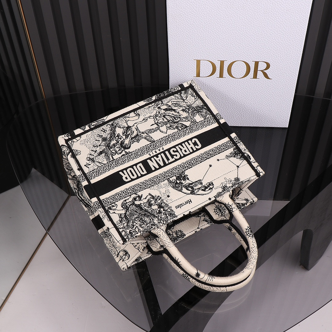 Small Dior Book Tote Latte and Black Toile de Jouy Zodiac Embroidery 10.5 x 8.5 x 5.5 inches