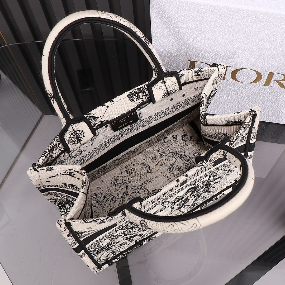 Small Dior Book Tote Latte and Black Toile de Jouy Zodiac Embroidery 10.5 x 8.5 x 5.5 inches