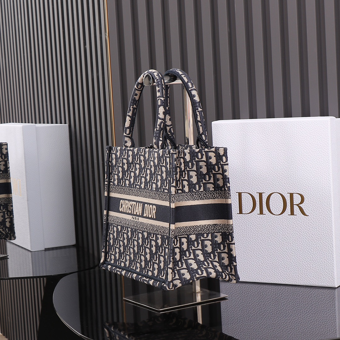 Small Dior Book Tote Ecru and Blue Dior Oblique Embroidery 10.5 x 8.5 x 5.5 inches