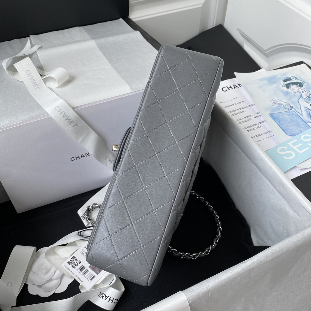 CHANEL CLASSIC HANDBAG GRAINED SHINY CALFSKIN & SILVER-TONE METAL GRAY 6 × 9.9 × 2.5 in