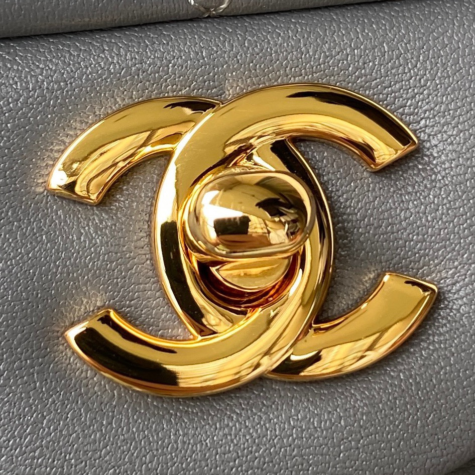 CHANEL CLASSIC HANDBAG GRAINED SHINY CALFSKIN & GOLD-TONE METAL GRAY 6 × 9.9 × 2.5 in