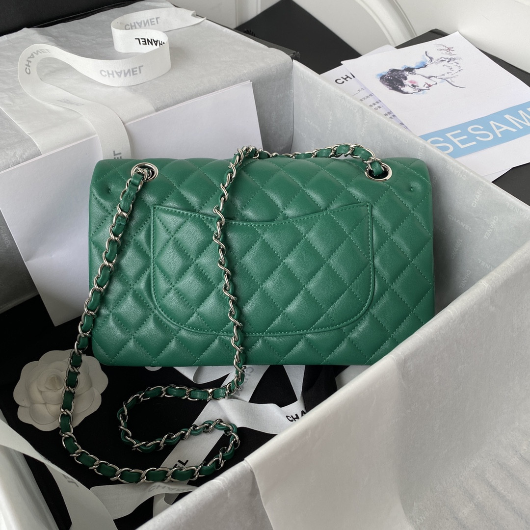 CHANEL CLASSIC HANDBAG GRAINED SHINY CALFSKIN & SILVER-TONE METAL GREEN 6 × 9.9 × 2.5 in