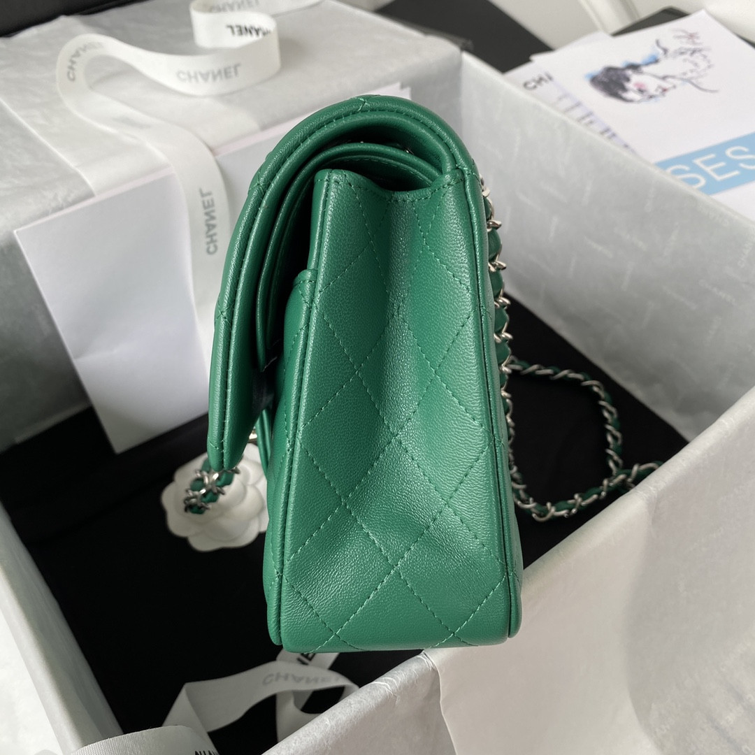 CHANEL CLASSIC HANDBAG GRAINED SHINY CALFSKIN & SILVER-TONE METAL GREEN 6 × 9.9 × 2.5 in