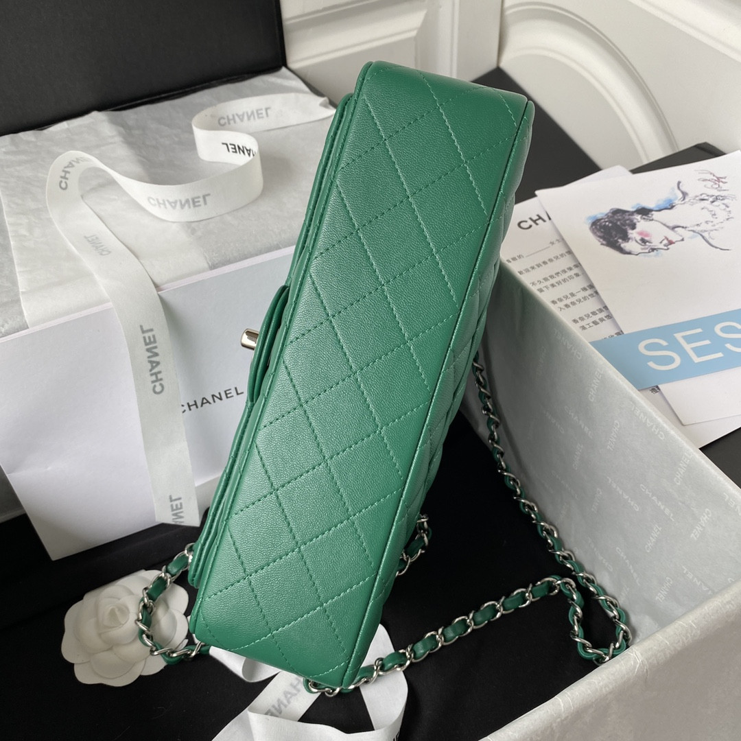 CHANEL CLASSIC HANDBAG GRAINED SHINY CALFSKIN & SILVER-TONE METAL GREEN 6 × 9.9 × 2.5 in